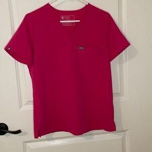 Figs Shocking Pink, color 3960, V-Neck Scrub shirt. True hot pink color